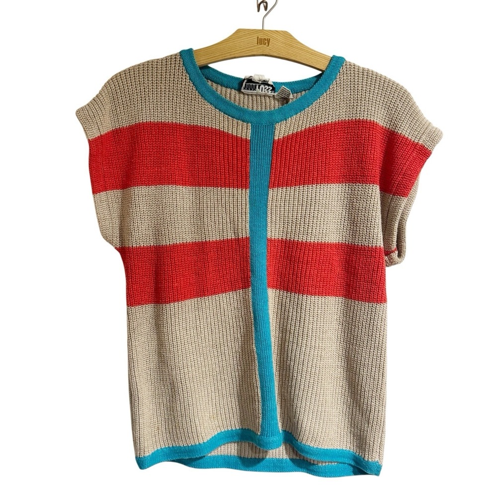 Russ Togs Hong Kong Women Small Short Sleeve Sweater Knit Tan Red‎ Blue